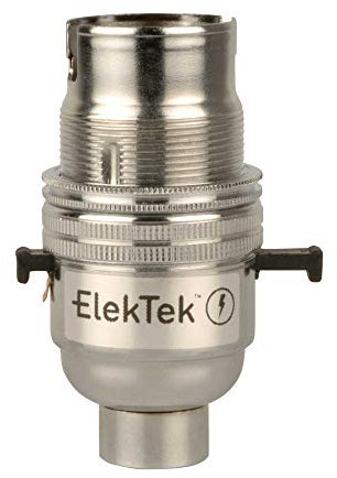 ElekTek Safety Switch Lamp Bulb Holder B22 BC Bayonet Cap & Shade Ring 1/2” 26TPI Threaded Bottom Entry Chrome Made in UK - Child Safe Switch Push Bar locks OFF & cuts power if no bulb fitted
