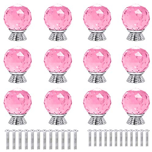 ANJUU 12 Pcs 30mm Round Shape Crystal Glass Cabinet Knobs with Screws Drawer Knob Pull Handle Used for Kitchen, Dresser, Door, Cupboard(Pink)