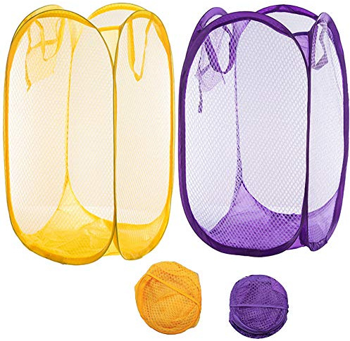 Qtopun Mesh Popup Laundry Hamper, Foldable 2 Pack Portable Dirty Clothes Basket Collapsible Dirty Clothes Hamper for Bedroom, Kids Room, College Dormitory and Travel (Yellow+Purple)