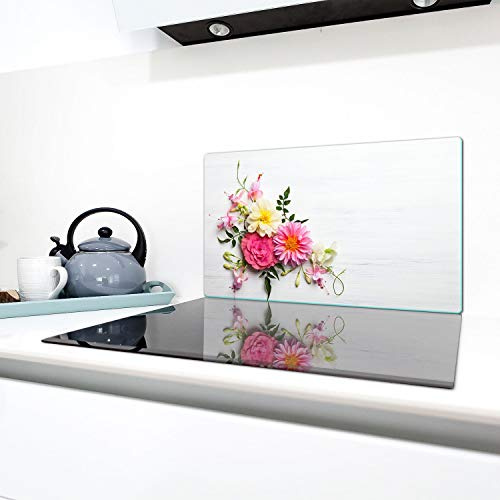 QTA | Ceranfeldabdeckung 1 Teilig 90x52 cm Herdabdeckplatten aus Glas Elektroherd Induktion Herdschutz Spritzschutz Glasplatte Schneidebrett Blumen