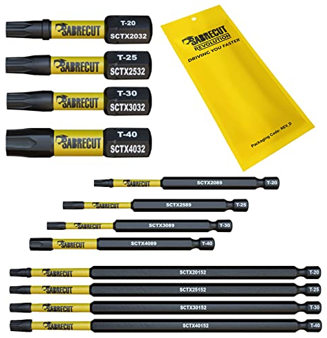 12 x SabreCut SCRK12TX 32mm 89mm 152mm T20 TX20 T25 TX25 T30 TX30 T40 TX40 Magnetic Impact Screwdriver Driver Bits Set Torx Heavy Duty