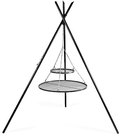 Korono® Barbecue suspendu (trois pieds), revêtu par pulvérisation, 220 cm de haut avec deux grilles (2 grilles en acier brut : 70 cm Ø/40 cm Ø/5 mm)