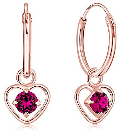 Pendientes Colgantes Corazón Plata de Ley 925 Chapados Oro Rosa 18k y Cristales Fucsia de Botón 3 mm - Pendientes de Aro Mujer Oro Rosa Elegantes y Hipoalergénicos - Diámetro 14 mm