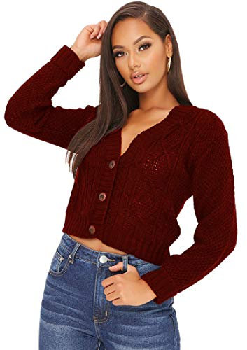 Crazy Girls Women's Ladies Long Sleeve 3 Button Cropped Chunky Aran Cable Knitted Grandad Cardigan (12-14, Wine)