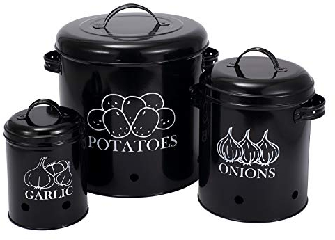 Gdfjiy Vintage Kartoffelbox, 3-teiliges Set mit 23 cm x 23 cm, 19 cm x 16 cm und 14 cm x 11 cm, rund, Metall, Zwiebel & Knoblauch Aufbewahrungsbox, mit Entlüftung und Flip-Top-Deckel