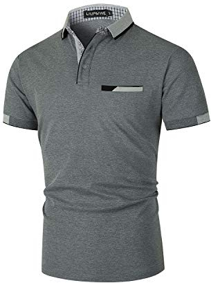 LIUPMWE Poloshirt Herren Kurzarm Baumwolle mit Brusttasche Polohemd Regular Fit Basic Streifen Tennis Golf T-Shirt,Dunkelgrau 3,L