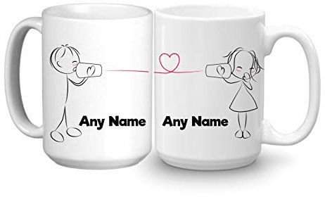 GOPERSONALISED Mr and Mrs Gifts - Personalised Large 15oz Mugs Set of 2 Coffee Cups - Love Hearts Couples Gifts for Engagement Wedding Anniversary Valentines Birthday Christmas (Design: Love Whisper)