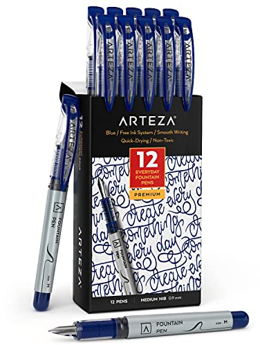 ARTEZA Einweg-Füllfederhalter, 12 Stück, mittlere 0,9 mm Spitze, glattes Schreiben, schnelltrocknender blauer Tintenstift, Kunstbedarf für Profis, Studenten und Hobbyisten