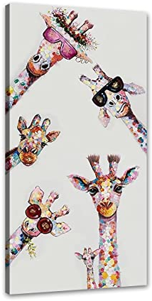ZHONGYUTONG Graffiti Leinwand Kunstdruck mit Rahmen Giraffe Familie mit Brille Wanddekoration Buntes Tier Bild Poster Lustige Gemälde für Kinderzimmer (50x100cm)