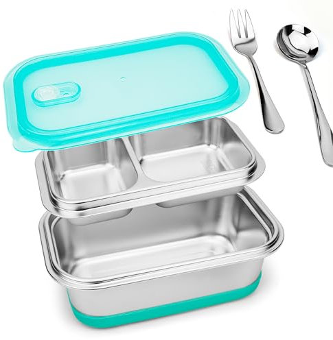 Lunbengo 1400ml Stainless Steel Bento Lunch Box with Plastic Lids- Large Meal Prep Container with 500ml Divided Compartments - Premium Spoon&Fork/Anti-slip Rubber/Air Vent, 8.7'' x 5.5''