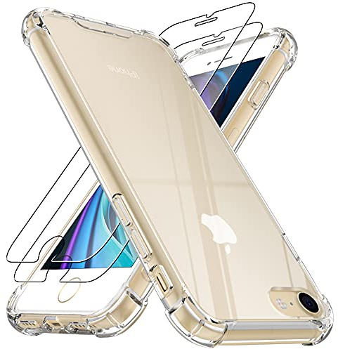 4youquality Case for iPhone SE 2022 / SE 2020, iPhone 8 & iPhone 7, with [2-Pack Tempered Glass Screen Protectors], Airbag Drop Protection, Shockproof Transparent Clear Bumper Phone Cover