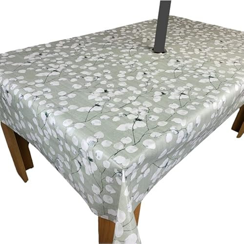 Karina Home Outdoor Garden Tablecloth with Parasol Umbrella Hole Sage Green Leaf Wipe Clean 200cm x 140cm