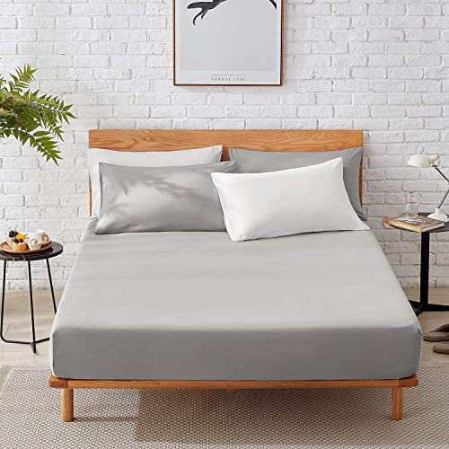 Fitted Sheets 100% Egyptian Cotton 200 Thread Count 40CM/16 Soft Extra Deep Pocket Bottom Sheet Hotel Quality Mattress Topper Bedsheet Single Double King SuperKing Size (Silver Grey, Super King)