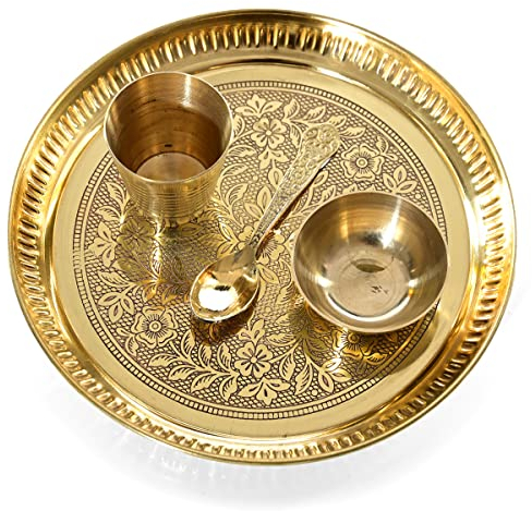 Decorative Brass Thali Flower Design Pooja Thali Set of 4 Pcs,Traditional Ganesha Ganpati Decoration Brass Pooja 1 Plate with 1 Bowl, 1 Glass and 1 Spoon for Temple and Home Bhog Thali Set (Size:-8'')