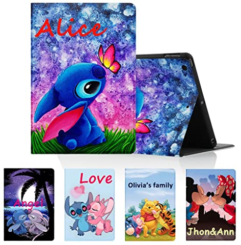 Personalisierte Tablet Hülle für iPad Air 5/4 Generation 10,9 2022/2020 Hülle, Personalisiert SchutzHülle Cute Anime Stitch PU Leder Flip Text Individuelle Custom Case