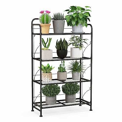 COSTWAY Support de Plantes Pliable à 4 Niveaux en Métal avec Étagère Réglable, Support de Pot de Fleurs avec Pieds Réglables pour Jardin Balcon Salon 60 x 25 x 100 cm, Noir