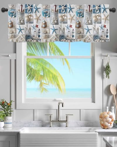 Chucoco Küsten Gitter Volants Vorhang für Küche Café, Ozean Seestern Leuchtturm Fenstervolant 107 x 30 cm Stangentasche Fenster Behandlung Vorhang für Wohnzimmer Schlafzimmer