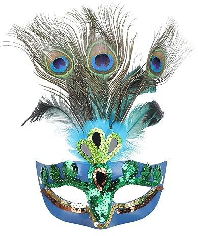TINAYAUE Mardi Gras Mask Halloween Peacock Feather Half Face Venetian Mask Masked Ball Christmas Sequins Masks Fancy Dress Costume Party Accessory for Women Adult Carnival Cosplay Stage Show