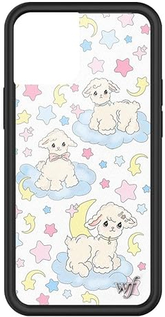 Wildflower Hüllen – Lullaby Lambs Hülle, kompatibel mit Apple iPhone 13 Mini, Weiß, Rosa, Lämmer, Sterne, trendig, Mond – schützender schwarzer Stoßfänger, 1,2 m Falltest zertifiziert, kleines