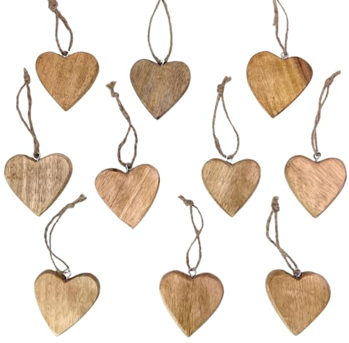 10x Holz Anhänger Herz mit Juteband ca. 4,5 x 5cm, Dekohänger, Flache Holzherzen zum Hängen