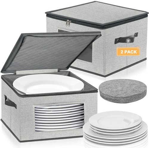 China Aufbewahrungsbehälter, 30,5 cm groß, Hartschale, gesteppte Geschirr-Aufbewahrungsbox mit Deckel und Filzschutz für Geschirr, Teller, Aufbewahrung und Umzug (Hellgrau)