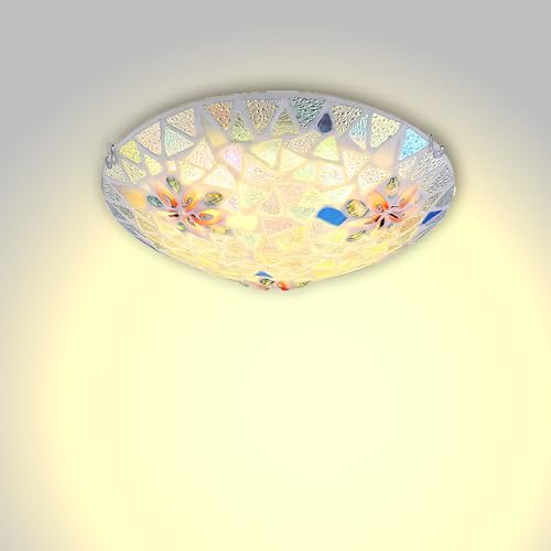 Deckenleuchte Vintage Ländlichen Stil Deckenlampe Glasmalerei Lampenschirm Lampe Runde Klassische Blume Deko Decke-Leuchte für Wohnzimmer Schlafzimmer Esszimmer Loft Flur,40cm