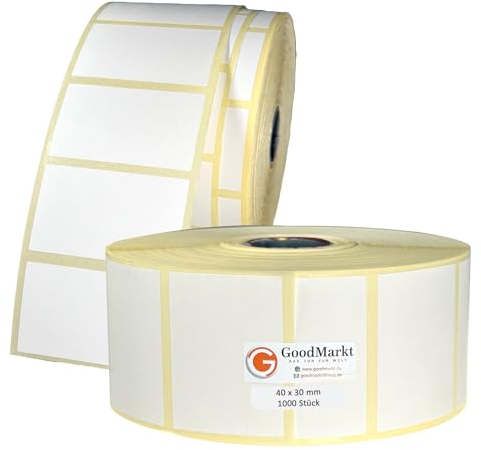 GoodMarkt Thermodirekt Etiketten selbstklebend | 40x30 mm 1 Rolle, weiß, 1000 Etiketten | Kompatibel mit Brother, Zebra | Haushaltsetiketten, Barcodeetiketten, Marmeladenetiketten
