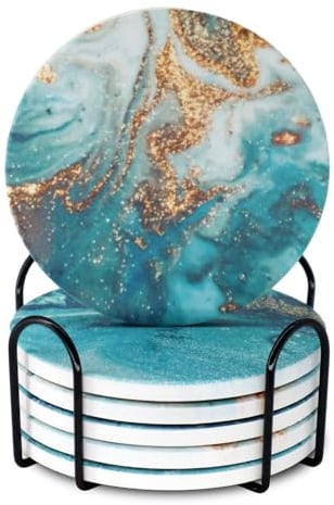 Memeyou Blauer Marmor Keramik Untersetzer mit Halter saugfähig Getränk Gold Ozean Untersetzer Set Outdoor Runde niedlich Tabelle Kaffeetasse Wein Bier Bar Strand Untersetzer 6 Pack