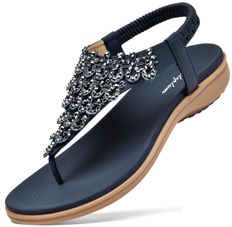 Littleplum Damen Sandalen Zehentrenner Sommer Bohemian Bequem Flach Sandaletten,C Blau,42 EU