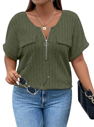 Gemulate Green Tops for Women UK Plus Size V Neck Ladies Tops Plus Size Lightweight Short Sleeve Tunic tops Casual Loose Shirts Blouse Womens Plus Size Tops -Army Green, XX-Large