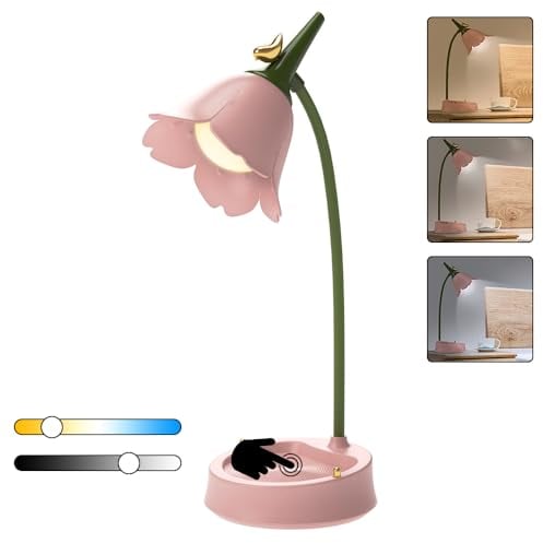 ELINKUME Rosa Touch Schreibtischlampe USB Aufladung,Mädchen Tisch Nachttischlampe mit verstellbarem Schwanenhals,Dimmen Nachtlicht Anzug für Schlafzimmer, Kinderzimmer,Büro,College Schlafsaal
