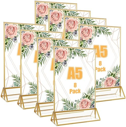 YAYODS Lot de 8 présentoirs de table en acrylique - Format A5 - Cadre photo doré avec base amovible - Pour présentation des deux côtés, restaurants, café, expositions, mariage