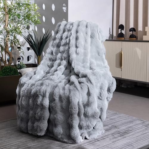 Kunstpelz-Decke aus Kaninchenimitat, luxuriöse weiche warme Bubble-Decke für Bett, Couch, Sofa, Grau, 203 X 230 cm