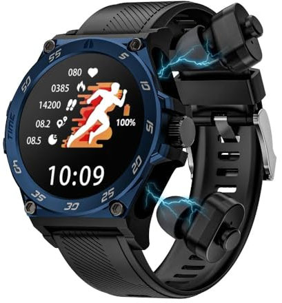 Chillitech® DuoWear Smart Watch With Earbuds 2 in 1 Large 1.53 inch AMOLED Screen, Health Monitor, BT 5.0 Answer Calls, Control Music, Fitness Watch, Touch Controls TWS Earbuds, Ai Assistant (Blue)