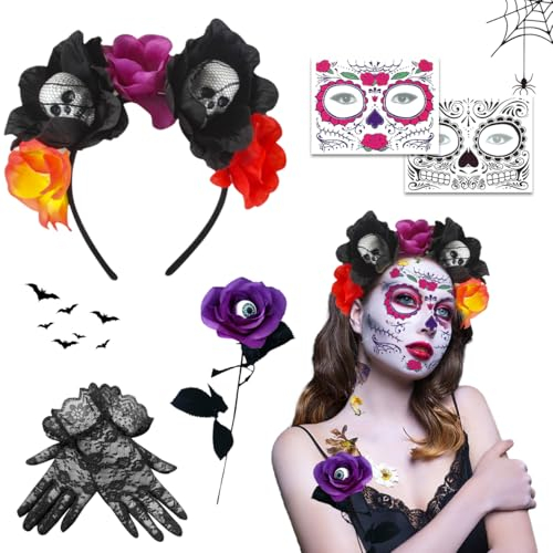 XLZJYIJ Bandeau Jour des Morts Halloween, Serre Tete Fete des Morts avec Tatouage Halloween Gants de Dentelle Roses Artificielles, Serre-Tête de D'halloween avec des Roses pour Halloween Accessoire