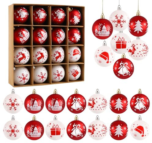 Homewit 16 Pcs Christmas Tree Baubles - 6cm Red & White Christmas Baubles Set for Decoration, Family Gatherings & Parties