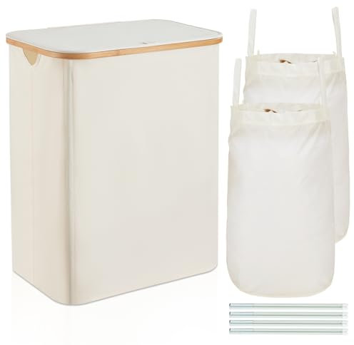 ROSOS Wäschekorb mit Deckel, 150L Faltbarer Wäschekorb 2 Fächer mit Herausnehmbaren Wäschesack, Wäschesammler mit Deckel & Bambus Griff, Wasserdichter Wäschebox mit Deckel, Beige