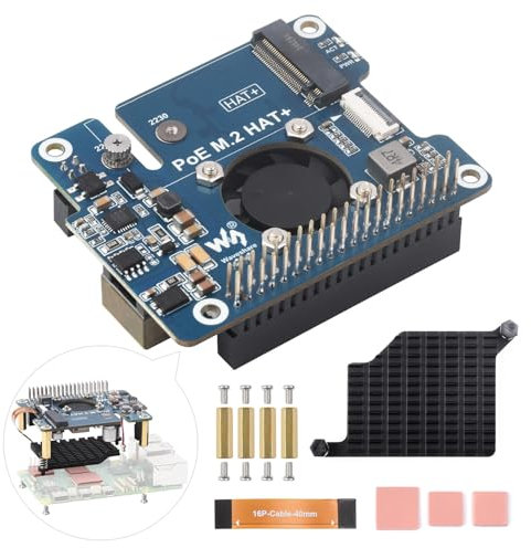 Waveshare NVMe PCIe to M.2 HAT+ Adapter with PoE, Compatible with Raspberry Pi 5, Supports NVMe Drive Protocol 2230/2242 M.2 Solid State Drive and 802.3af/at Network Standard, with Cooling Fan