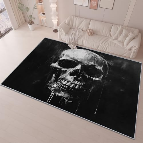 Teppich Gothic Horror Totenkopf Bedruckt Teppiche, 60 x 120 cm Waschbar & rutschfest Kinderteppich, Schwarz Schmutzabweisend Kurzflor Teppich