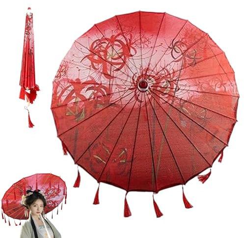 Jeorywoet Parapluie chinois 32 pouces Red Lily parapluie japonais parasol japonais de soie avec glap
