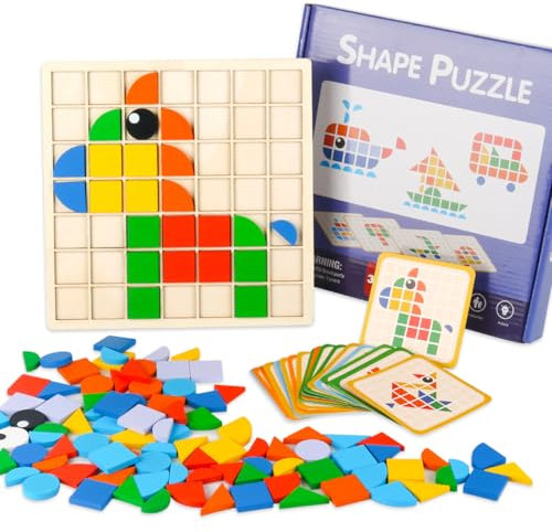 Tangram Kinderpuzzle, Mosaik Holzpuzzle, Montessori Puzzle, mit 130 geometrischen Formen und 20 doppelseitigen Motivkarten, Puzzlespielzeug für Jungen und Mädchen ab DREI Jahren
