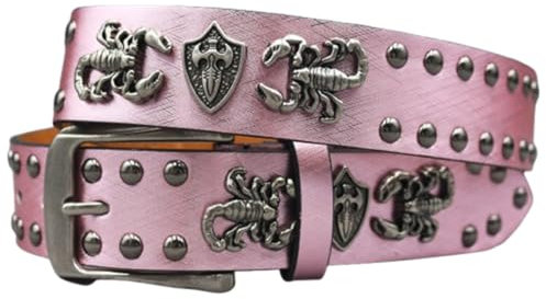 ZNEL Gürtel Mit Graviertem 3D-Skorpion Und Nieten Punk Unisex Krokodilmuster-Print Nietengürtel Accessoire Für Mutige Und Vielseitige Mode-Styles(115cm/45, Pink)