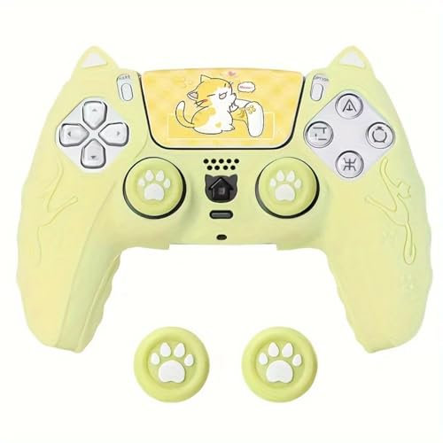 Coque en silicone pour manette de PS5 - Motif chat mignon - Avec poignées de pouce et autocollants pour pavé tactile - Ensemble de housses de protection douces, confortables, antidérapantes et