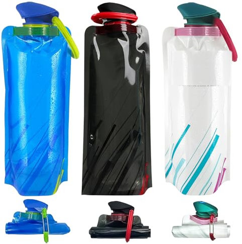Faltbare Trinkflasche - 3 Stück Trinkbeutel 700ML, BPA-Freie Wiederwendbare Wasserflasche mit Karabiner für Festival zubehör, Camping, Wandern, Reisen, Radfahren - Outdoor-Flasche, Trinkschlauch