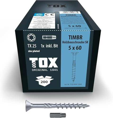 TOX Holzbauschrauben M TIMBR SK 5,0 x 60 mm, blau verzinkt mit Senkkopf, TX25, Schrauben für leichtes Eindrehen und bündige Montagen im Holzbau, 200 Stück im Karton, inkl. 1x Bit, 112040415060