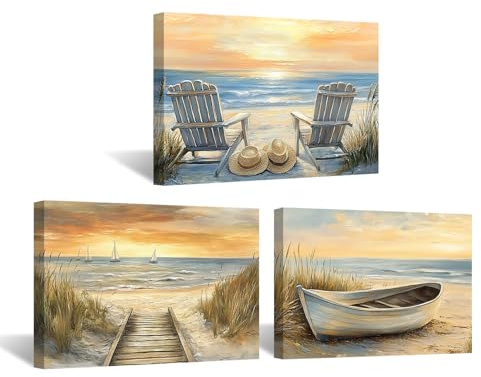 CXHOSTENT Leinwandbild, Strandbilder, 3-teilig, Küstenbilder, Ozean, Meereslandschaft, nautische Gemälde für Badezimmer, gerahmt (Braun,28.00 x 35.00 cms x 3PCS)
