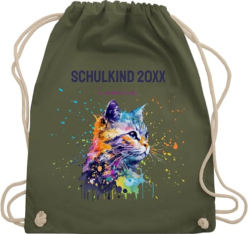 Turnbeutel Rucksack - Schulkind Jahreszahl Katze mit Name personalisiert I Einschulung Geschenk Schulbeginn I Schuleintritt I Schulanfang - Unisize - Olivgrün - erster schultag sportbeutel