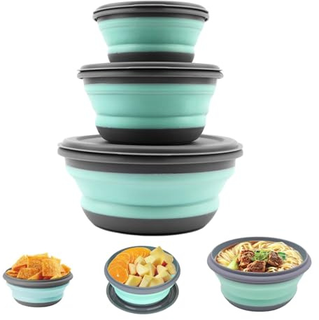 Elegance-go Camping Bowls,3PCS Collapsible Bowls,Silicone Lunch Box with Lids,300ml+650ml+900ml Portable Silicone Bowl,Multipurpose Folding Bowl for Camping Picnic Travel（Green）