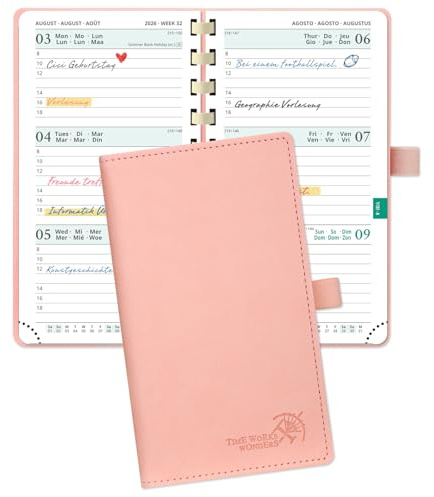 POPRUN Agenda de Poche 2026 2027 Semainier 16,5 x 9 cm,Août 2026-Déc 2027 | Petit Planner Scolaire 17 Mois avec Couverture Souple Spirale,Fente Pour Carte,Papier 80g/m²,Rose