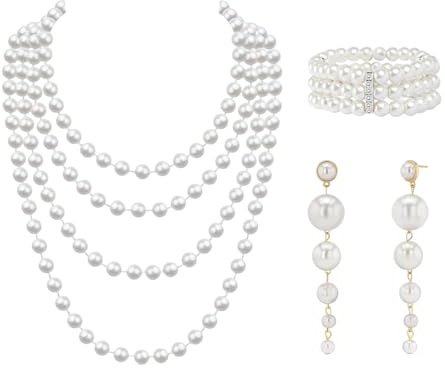 3 Stück Perlen Schmuck Set für Damen, Langen Kunststoffperlen Ohrringen, 3 Reihiges Stretch Perlenarmband, Vintage Imitation Perlenkette, 1920er Accessoires Perlen Set für Party, Abschlussball
